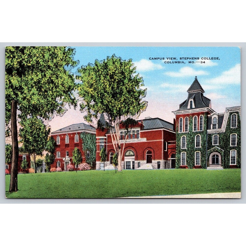 Vintage Stephens College Campus View Postcard Columbia MO Wigwam Coffee Shop Ad